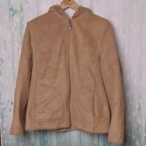 Suede Hooded Full Zip Jacket Faux Fur Lined Tan Medium